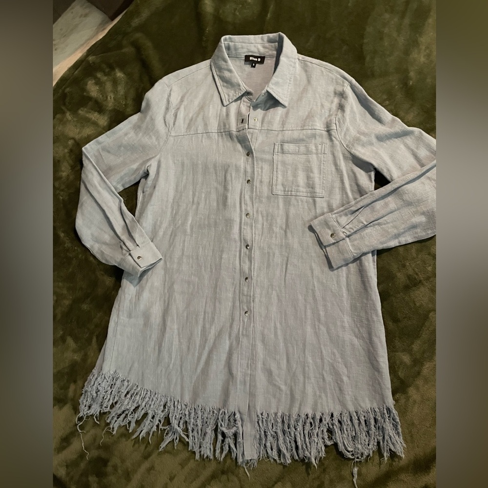 Blue B size small denim blue linen dress, cute fringe dress up with boots